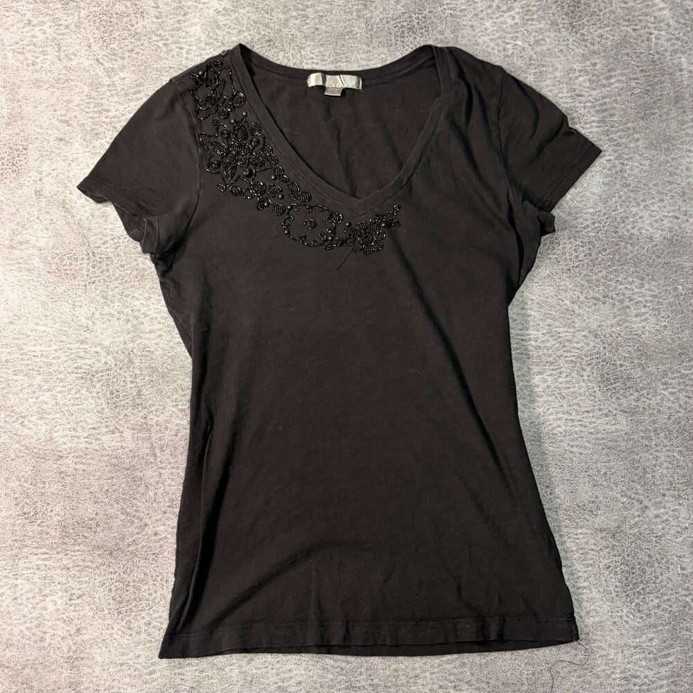 Black Embellished Embroidered Floral Tee Shirt